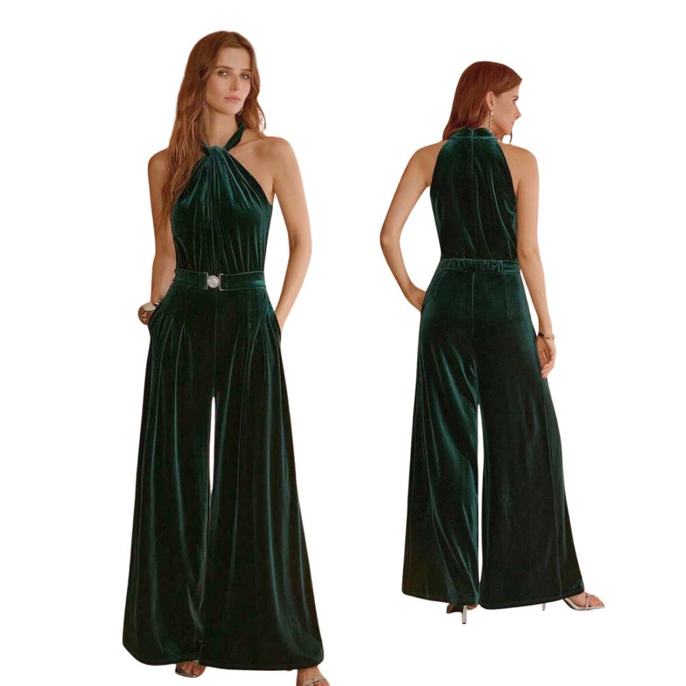 MOTF Emerald Green Velvet Halter Jumpsuit Small Wide Leg Belted NWOT